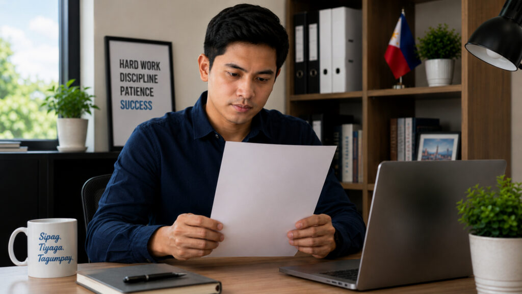 A job seeker reviewing an employment contract at a tidy office desk, representing the importance of understanding employee benefits before accepting a job offer.